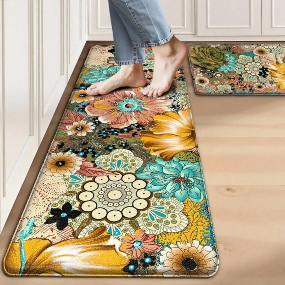 New Set of 2 Boho Floral Kitchen Mat, Cushioned, Non-Slip, Waterproof Foam